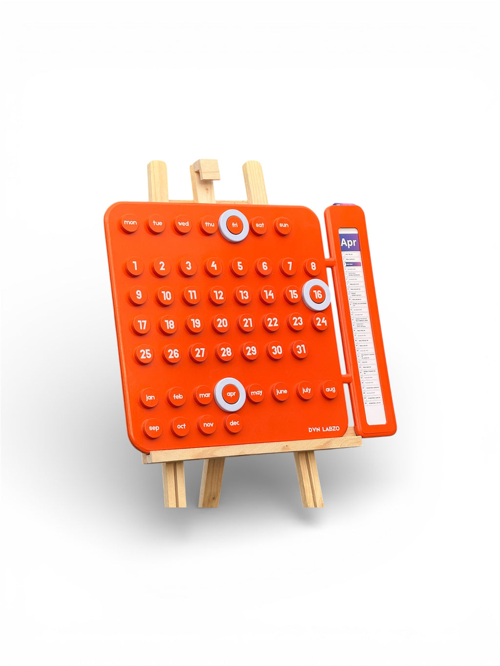 Orange calendar on a wooden stand with a white background