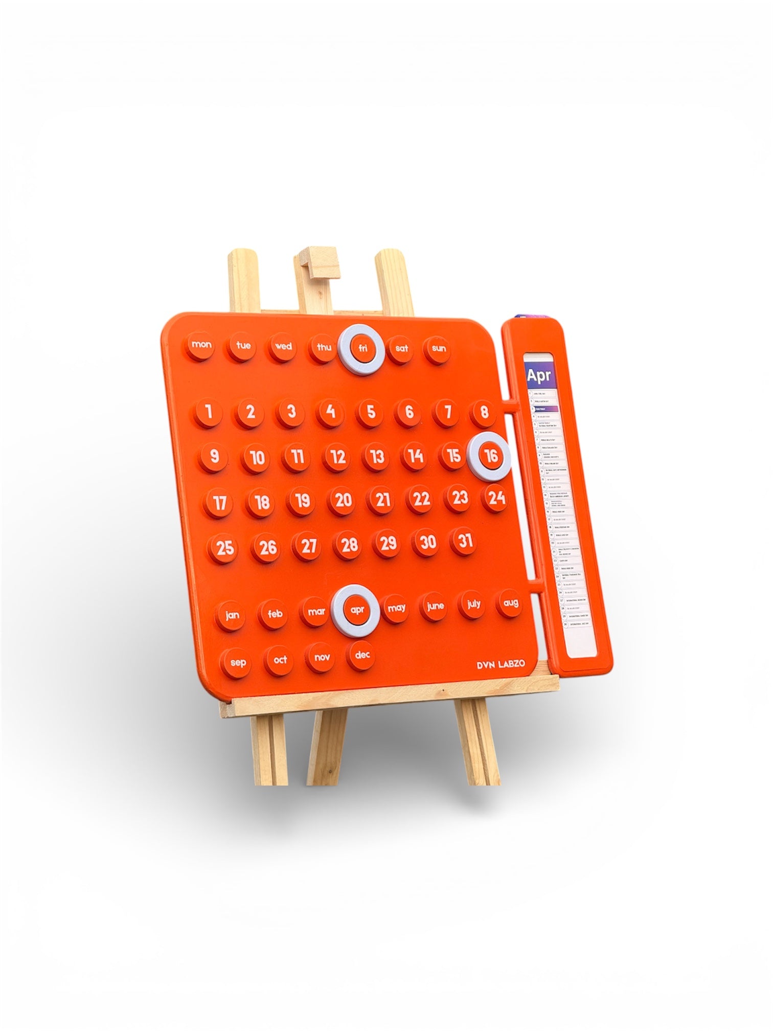 Orange calendar on a wooden stand with a white background